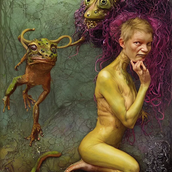 Prompt: a portrait photograph of mia wasikowska as a brightly colored satyr amphibian hybrid with wet mutated skin. wearing a catsuit many body modifications. by tom bagshaw, donato giancola, hans holbein, walton ford, gaston bussiere, brian froud, peter mohrbacher and magali villeneuve. 8 k, cgsociety
