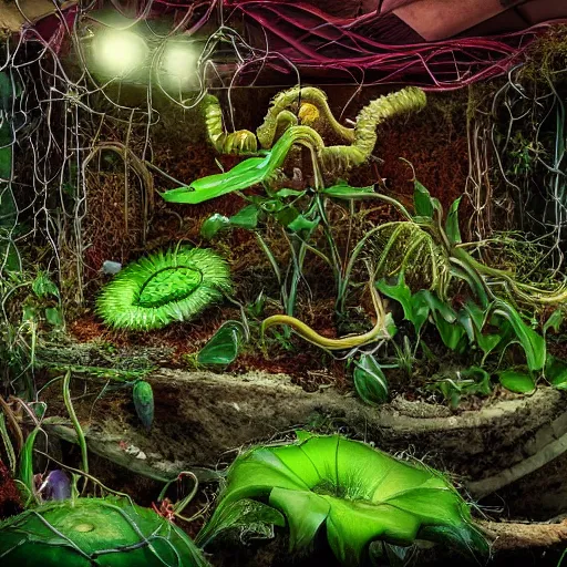 Prompt: abandoned, overgrown, underground bunker. giant mutated carnivorous plants, venus fly trap, pitcher plant, sundew plant.