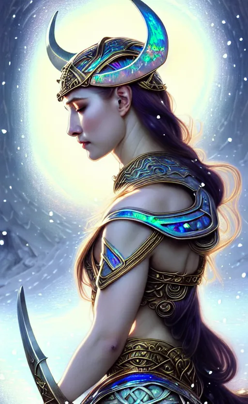 Image similar to iridescent opal viking warrior, regal, elegant, winter, snow, beautiful, stunning, hd, illustration, epic, d & d, fantasy, intricate, elegant, highly detailed, wide angle, digital painting, artstation, concept art, smooth, sharp focus, illustration, wallpaper, art by artgerm and greg rutkowski and alphonse mucha and jin xiaodi