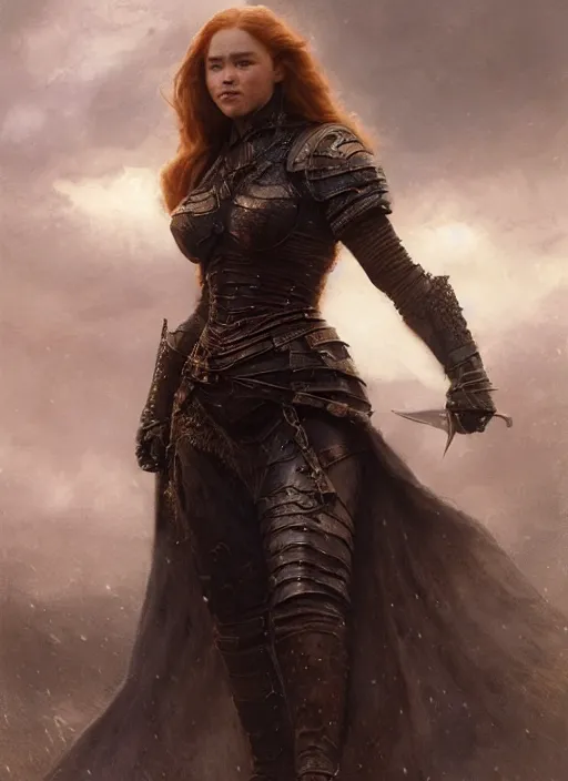 Image similar to mischievous redhead emilia clarke wearing full body dark black medieval armour, detailed, by gaston bussiere, bayard wu, greg rutkowski, giger, maxim verehin, greg rutkowski, masterpiece, sharp focus, cinematic lightning