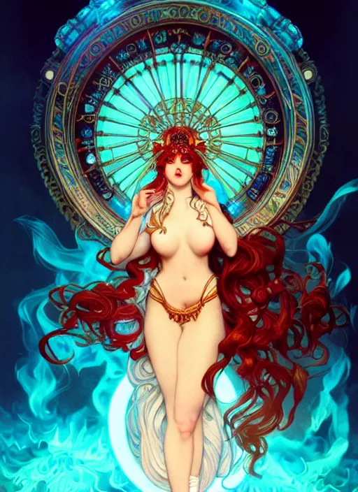 Image similar to the goddess hestia, hair of fire, full body, steampunk, glowing eyes, volumetric lights, red and cyan theme, art nouveau botanicals, intricate, highly detailed, digital painting, artstation, concept art, smooth, sharp focus, cinematic, illustration, beautiful face, art by artgerm and greg rutkowski and alphonse mucha