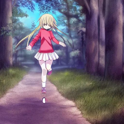 Prompt: A happy anime girl skipping down a path in a forest, anime shading, digital art, hyper-realistic