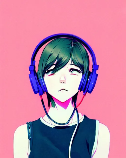 Image similar to girl wearing headphones, city background, very anime!!! anime!! intricate details, aesthetically pleasing pastel colors, poster background, art by conrad roset and ilya kuvshinov