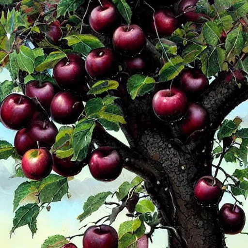 Prompt: a tree with many black colored apples (((leaves))) black poison apples, #black apples, ?black apples, !black apples, •black apples painted by rossdraws, greg rutkowski, thomas kindkade