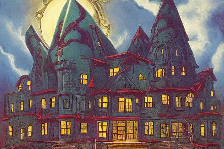 Prompt: miskatonic university eldritch super villain headquarters in the style of dr. seuss, illuminati, painting by albert bierstadt