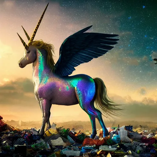 Image similar to a iridescent unicorn with wings dancing in a garbage dump, the sky has the milky way, ultra realistic, concept art, intricate details, highly detailed, photorealistic, octane render, 8 k, style of jean baptiste monge