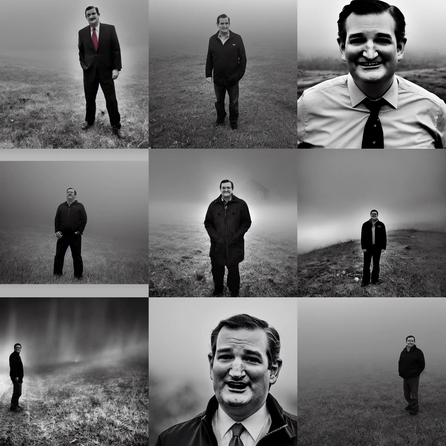 Prompt: Ted Cruz with a wide grin standing on a hill with a body bags on the ground, black and white, creepy lighting, foggy atmosphere, scary, horror, ornate, eerie, fear