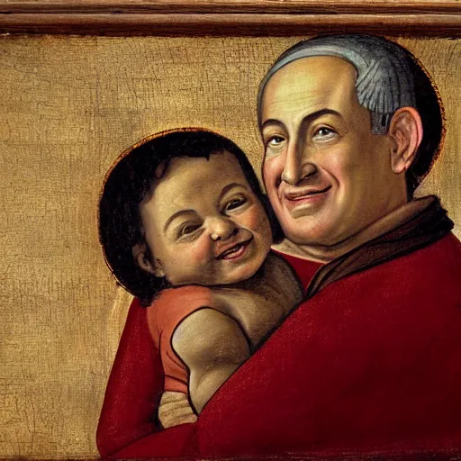 Prompt: painting benjamin netanyahu smiling while being held by his mother, tempera on wood, crevole madonna inspired, by duccio