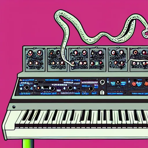 Prompt: illustration of octopus tentacles on a moog system 100 modular synth