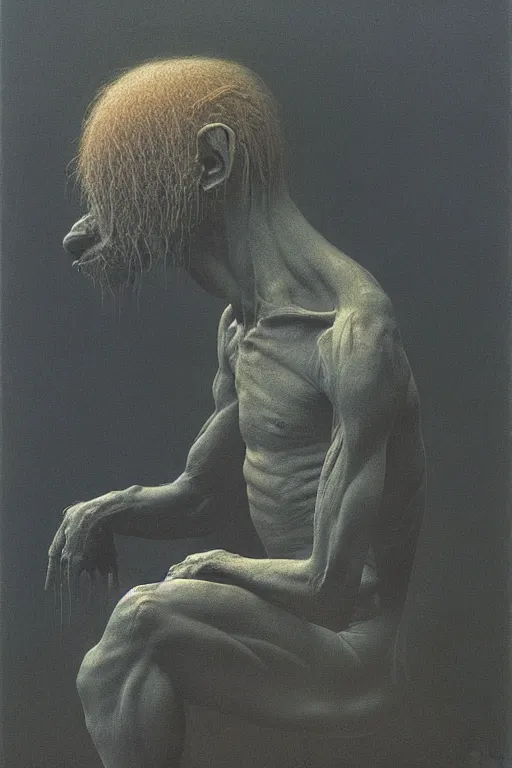 Prompt: painting of alf by zdzisław beksinski, highly detailed, intrincate, dark, moody