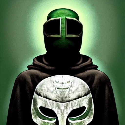 Prompt: portrait of mf doom, gray - metal steel mask, dark green hood, complex background, intricate, elegant, highly detailed, digital painting, artstation, concept art, smooth, sharp focus, illustration, by anato finnstark, boissb - blanca. j, cindy avelino, clint cearley, anna podedworna