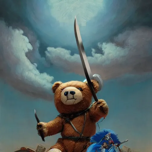 Image similar to a teddy bear pointing a sword at a monster above a child's bed, illustrated by miyazaki by karol bak, james jean, tom bagshaw, rococo, sharp focus, trending on artstation, cinematic lighting, hyper realism, octane render, 8 k, hyper detailed, vivid, ultra detailed, highly detailed