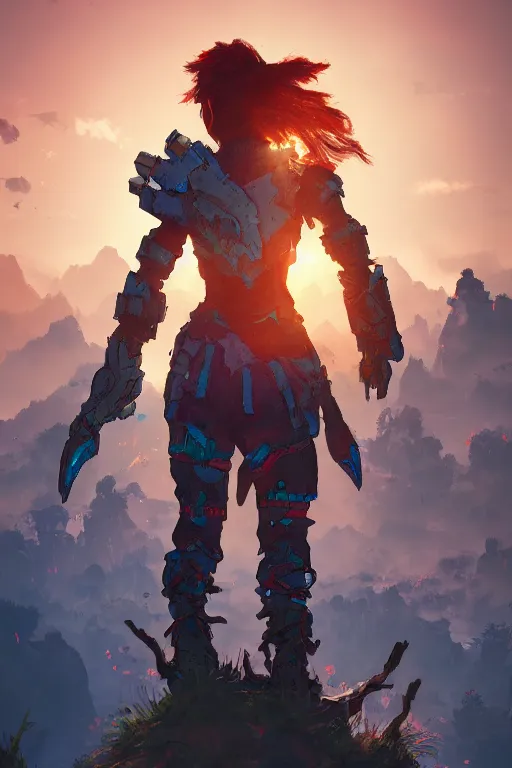 Image similar to combination suit armor aloy horizon forbidden west horizon zero dawn radiating a glowing aura global illumination ray tracing hdr fanart arstation by ian pesty and alena aenami artworks in 4 k tribal robot ninja mask helmet backpack