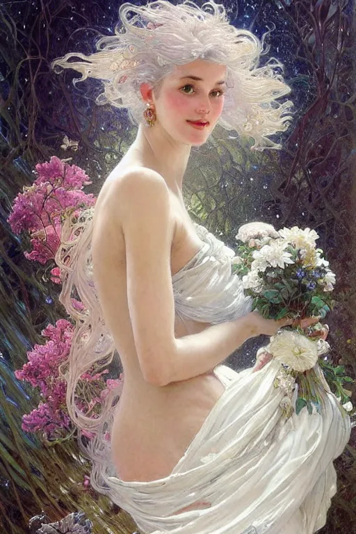 Image similar to portrait of a beautiful woman wearing a white dress, holding a bouquet of flowing flowers, drenched body, silver hair, wet dripping hair, emerging from the water, dark fantasy, regal, fractal crystal, fractal gems, by stanley artgerm lau, thomas kindkade, alphonse mucha, loish, norman rockwell