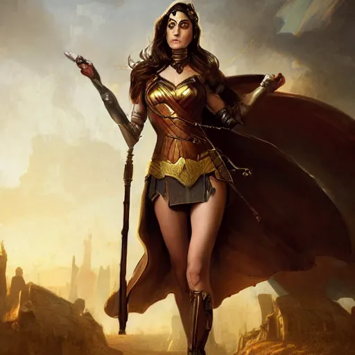 Prompt: highly detailed steampunk gal gadot standing, cape, staff : leonardo da vinci, greg rutkowski, magali villeneuve