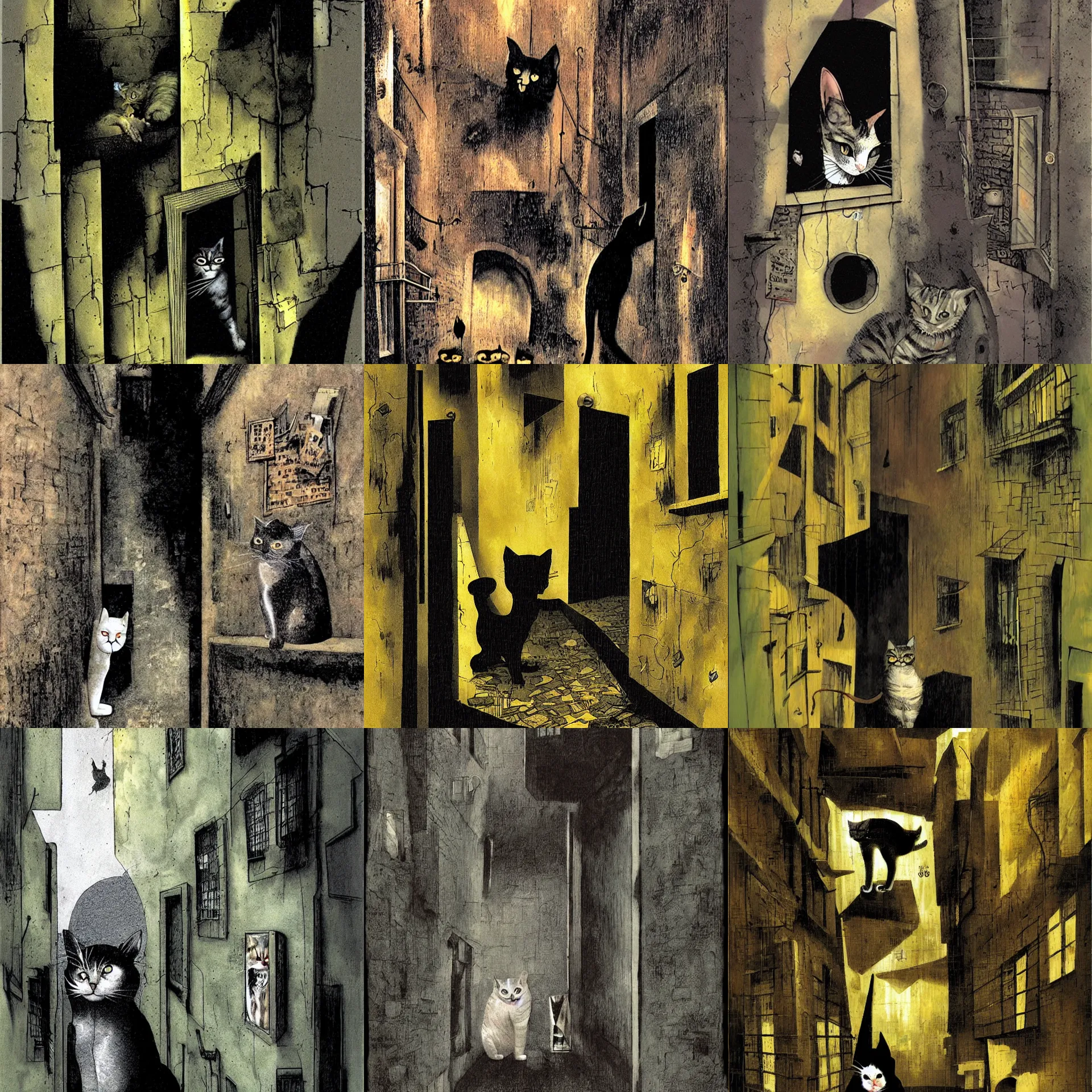 Prompt: a cat in a narrow alleyway by Dave McKean