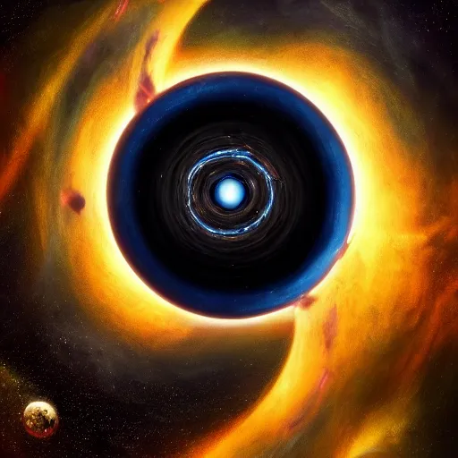 Image similar to glowing glorious 3D black hole in movie, intergalactic, space theme, galaxy colored, hyperdetailed, digital painting, trending on Artstation, cel-shading style, CG society, hyperdetailed, digital painting, hypermaximalist, golden ratio, volumetric, octane render, weta digital, micro details, 3d sculpture