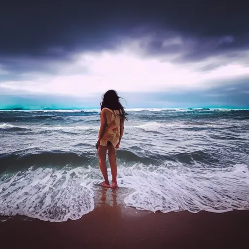 Image similar to woman with waving long hair, wading through ocean waves, back view, first person view