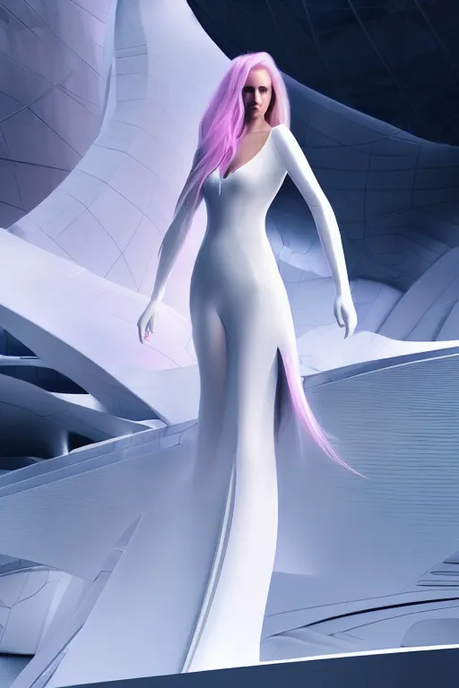 Image similar to a futuristic scene character sheet for long pink haired beautiful thin woman in a white flowing futuristic dress, in front of a zaha hadid building, cinematic matte painting, extreme detail photo quality, dark moody colors, featured on behance