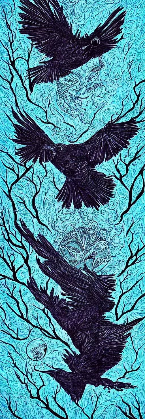 Image similar to psychedelic monochromatic artwork of a raven combined with a deer and an owl that is also a window into the ocean by didier comes