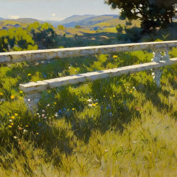 Image similar to painting of a stone railing, countryside, calm, sunny day, artwork by jeremy lipkin and giuseppe dangelico pino and michael garmash and rob rey and greg manchess and huang guangjian and makoto shinkai, sharp edges, simple form, 1 0 0 mm