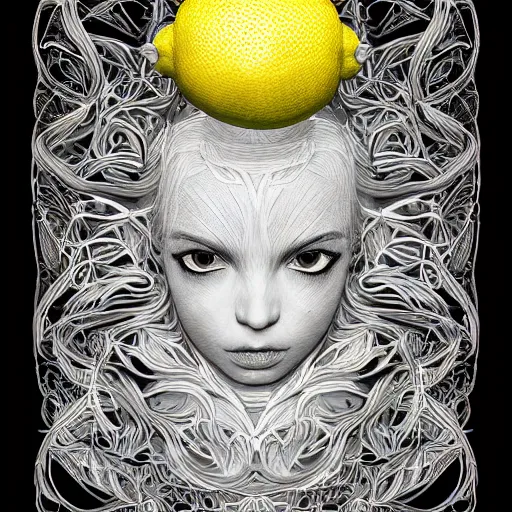 Image similar to the portrait of a lemon that resembles an absurdly beautiful, graceful, elegant, sophisticated, young gravure idol, an ultrafine hyperdetailed illustration by kim jung gi, irakli nadar, intricate linework, bright colors, octopath traveler, final fantasy, unreal engine 5 highly rendered, global illumination, radiant light, detailed and intricate environment