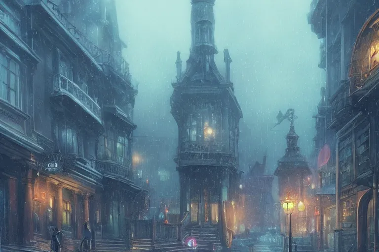 Prompt: beautiful serene victorian city, a lovecraftian monster in the background, gaslight, rain, low angle, wide angle, artstation