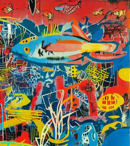 Prompt: acrylic painting of an aquarium in tokyo, mixed media collage by basquiat and jackson pollock, maximalist magazine collage art, retro psychedelic illustration