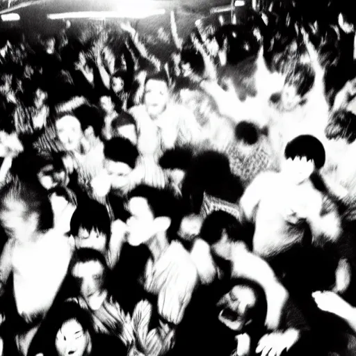 Prompt: A mosh pit, frantic, chaotic, b&w, are bure boke, by Daido Moriyama