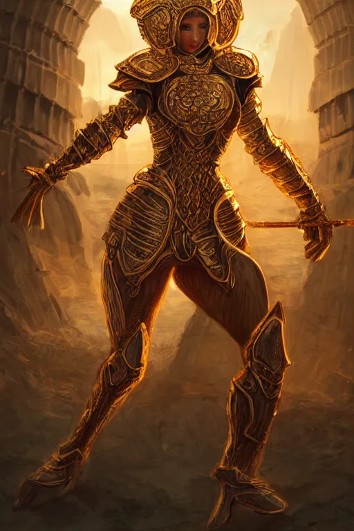 Image similar to portrait knights of zodiac girl, golden and copper reflected armor, karate pose, in ruined agora of athens sunrise, ssci - fi and fantasy, intricate and very very beautiful and elegant, highly detailed, digital painting, artstation, concept art, smooth and sharp focus, illustration, art by z - - ed deviantart