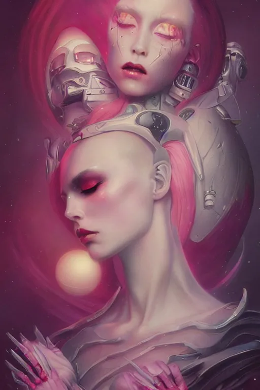 Image similar to a dramatic lighting photo of an elegant alien queen, vaporwave colors, goth vibe, kawaii vibe, moody aesthetic, artgerm, tom bagshaw, gerald brom,