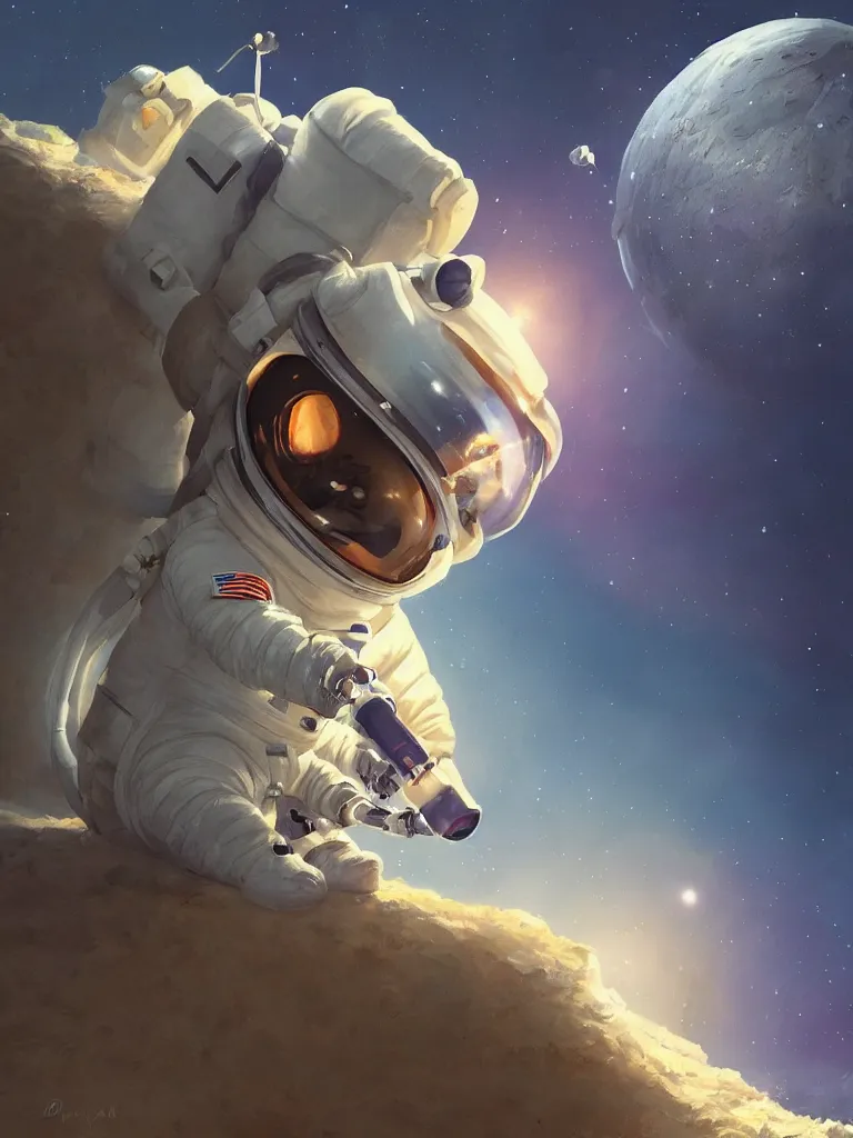 Image similar to an adorable chipmunk in an astronaut suit on the moon, warm lighting with cool shadows, digital painting, detailed, trending on artstation, in the style of dominik mayer thomas dubois, gaston bussiere