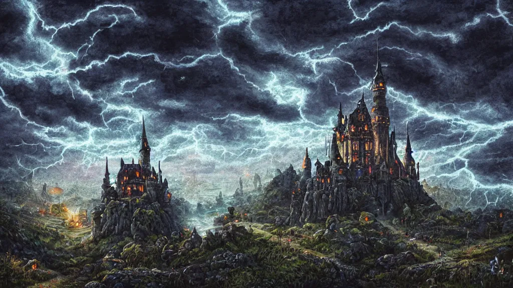 Prompt: ドット絵 and Pixel Art, Dark old fantasy castle on the hill, night cloudy sky, rain, lighting, thunder ,hyper detailed painting,Alchemy, Fantasy