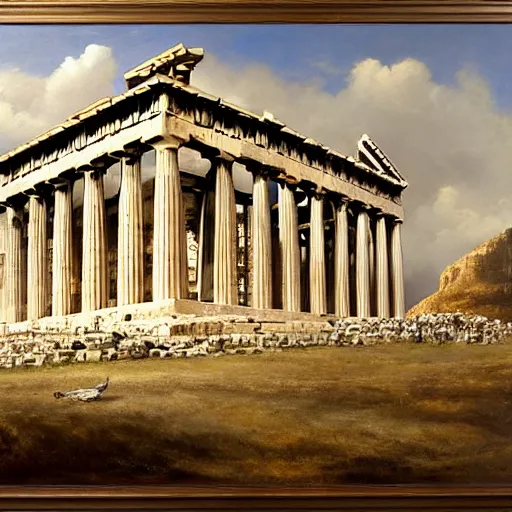 Image similar to the Parthenon with attached wings, flapping, oil on canvas, portrait, intricate, 8k highly professionally detailed, HDR, CGsociety