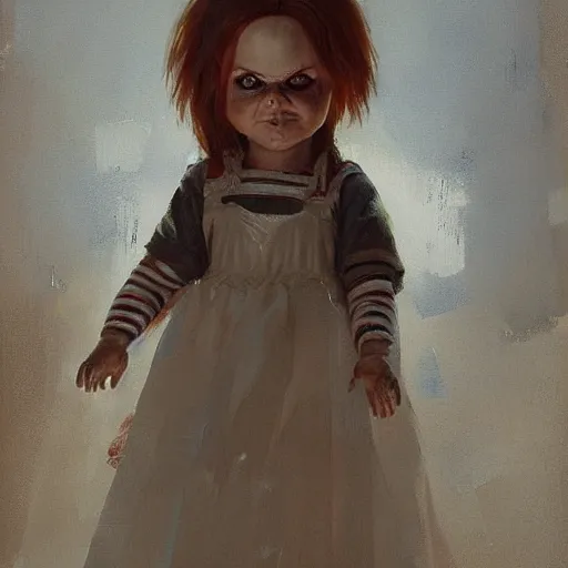 Image similar to the doll chucky as an angel described in the bible, oil painting, by greg rutkowski