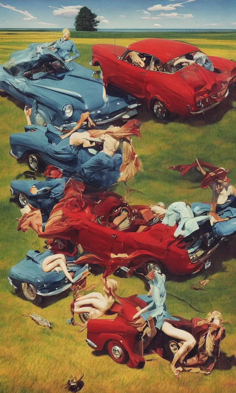 Prompt: 1950s blonde driving Ford mustang on the Swedish countryside. oil on canvas. in the style of Francis Bacon and Zdzislaw Beksinski, Edward Hopper and Norman Rockwell, highly detailed, very coherent, triadic color scheme, airbrush, very coherent, triadic color scheme, art by Takato Yamamoto and James Jean