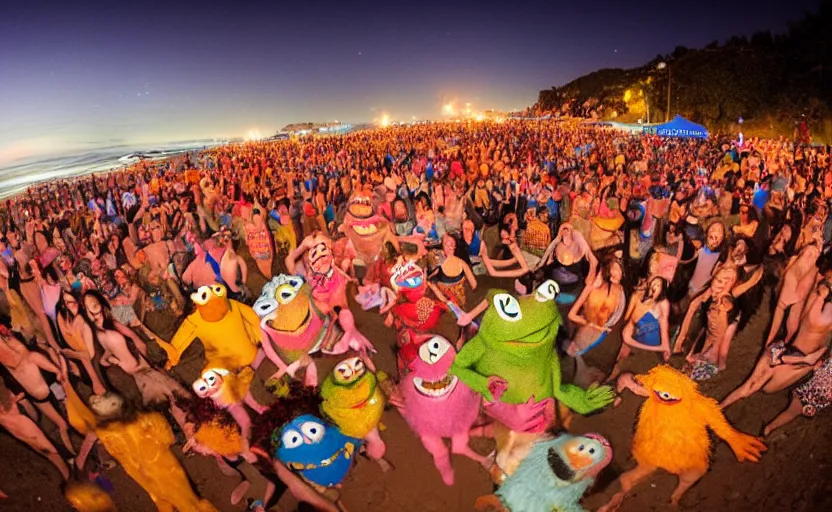 Prompt: long exposure photography of a crowd of muppets having a crazy party at the beach,