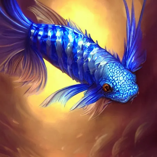 Prompt: blue betta fish koi dragon flying through water, art, fantasy, intricate, elegant, highly detailed, digital painting, trending on artstation, concept art, smooth, sharp focus, hyperrealistic, illustration, art by Loish and WLOP