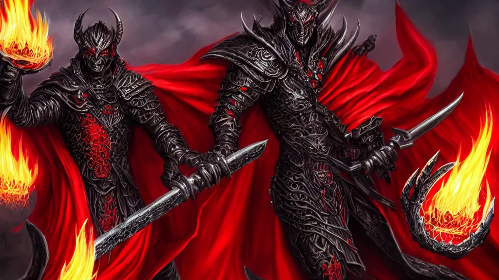 Image similar to male demon holding a flame sword, black metallic armor, red cape, detailed arms, intricate black armor, two arms, two legs, detailed fanart, rpg art, d&d art, macro art, digital art, DeviantArt, artstation, 8k HD