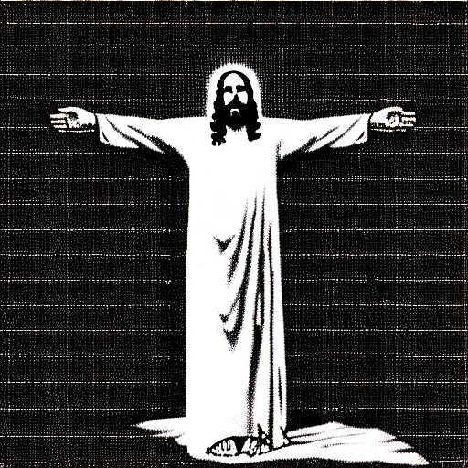 Image similar to vhs static overlay of jesus apparition, vhs, 1 9 9 0, highly realistic, highly detailed, vhs noise static, black and white, vhs glitch