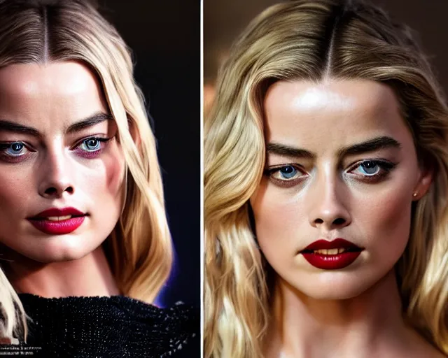 Image similar to a beautiful mix of margot robbie and amber heard, hyper realistic face, beautiful eyes, cinematic, long shot, hyper detailed, 8 5 mm photograph, 8 k resolution, film still, sharp lens, wide lens