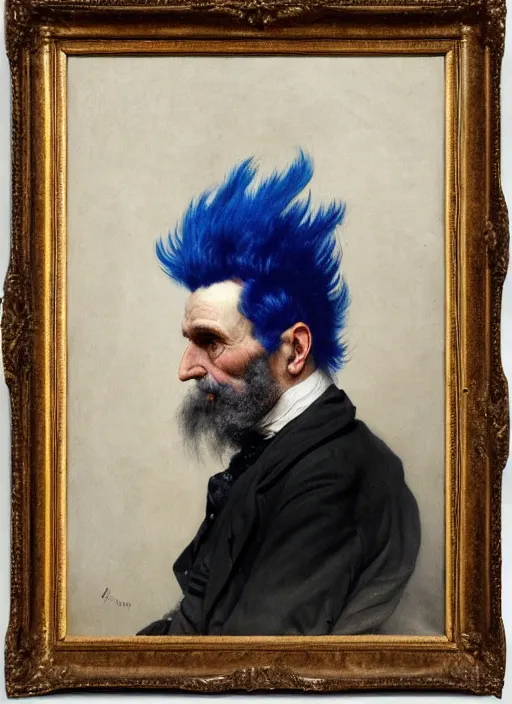 Image similar to a detailed portrait of old man with a extravagant blue mohawk by edouard bisson, punk rock, oil painting, muted colours, soft lighting