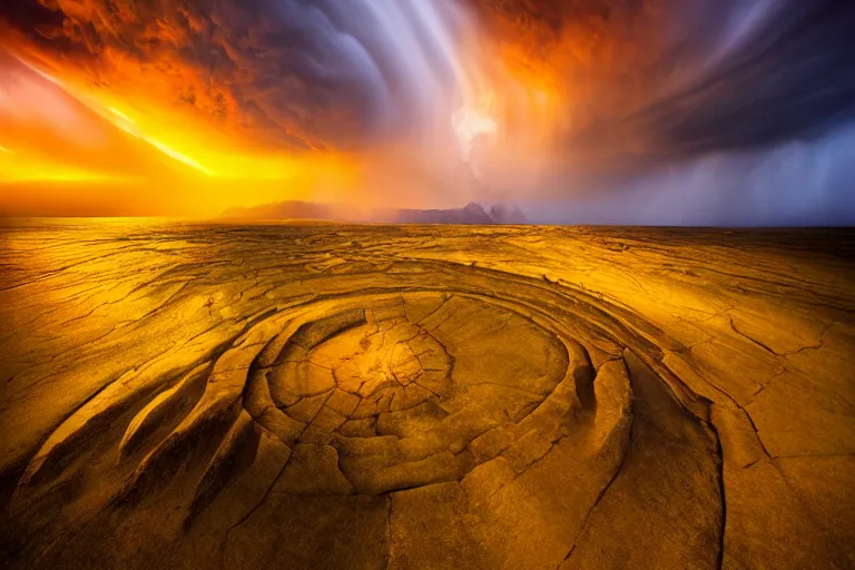 Image similar to yellow gigantic stormcell, landscape photography, sunset, dramatic lighting by Marc Adamus,