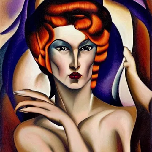 Image similar to hyperrealistic scary beautiful maniac deformed artnouveau woman portrait of deep layers of fear sharp focus in style of tamara de lempicka