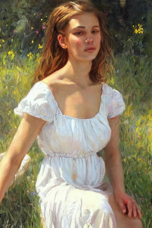 Prompt: a portrait of a beautiful woman in a summer dress by Livia Prima