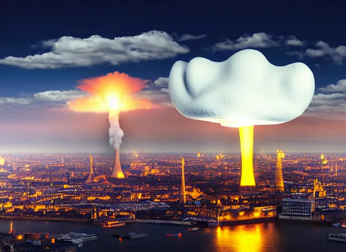 Image similar to nuclear mushroom cloud over london, 8 k, sharp detail, depth of field