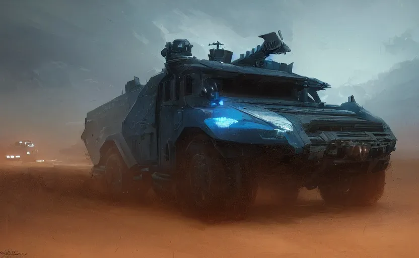 Image similar to an image of an armored vehicle in the night desert with blue headlights on by paul chadeisson, greg rutkowski, atmospherical, stormy weather, concept art, high detail, intimidating, cinematic, artstation trending, octane render