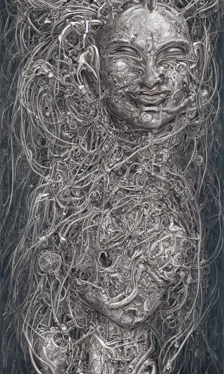 Prompt: perfectly centered symmetrical portrait, front view of a beautiful biomechanical android alien robot buddha, female, flowing hair, intense stare, sarcastic smile, symmetrical, concept art, intricate detail, volumetric shadows and lighting, realistic oil painting by alex grey and gustave dore,