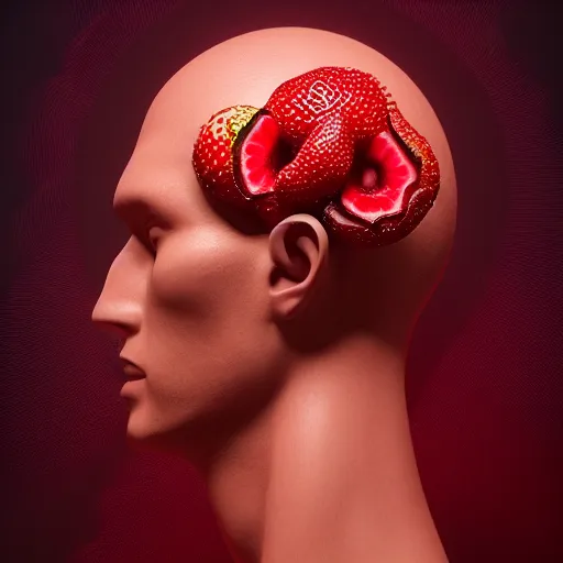 Image similar to man's head made out of strawberry skin, head is exploding into a swirl of jam, jam swirl explosion : ornate, dynamic, particulate, intricate, elegant, highly detailed, centered, artstation, smooth, sharp focus, octane render