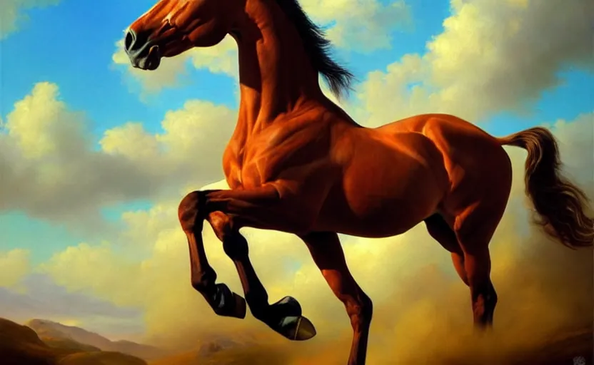 Image similar to a masterpiece oil painting of a single and proud horse. wide angle, fantasy art, alex ross, heroic lighting, very very very beautiful raytraced rendering